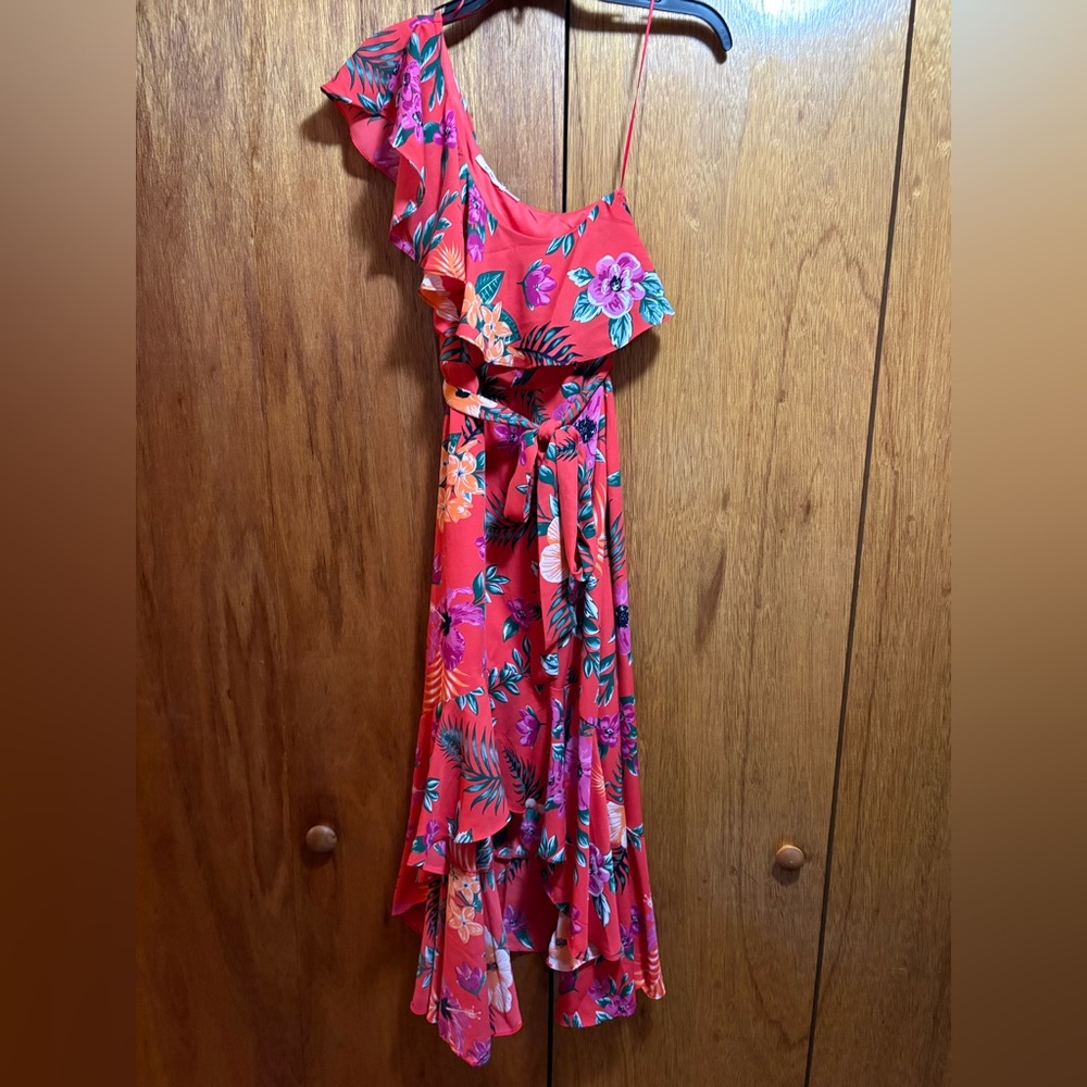 Mi Ami Red Floral One Shoulder Ruffled High Low Dress - Picture 8 of 9